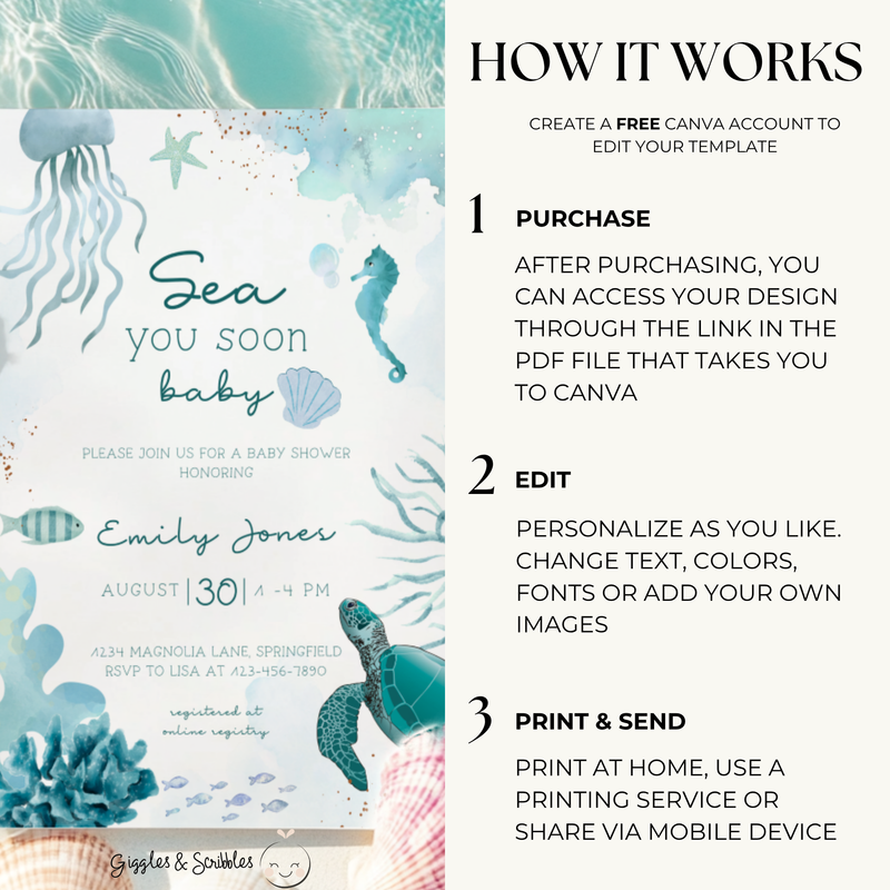 Baby Shower Invitation - Sea You Soon Baby Under The Sea Animals BS158
