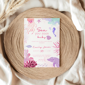 Baby Shower Invitation - Pink Under The Sea Animals Sea You Soon BS158