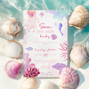 Baby Shower Invitation - Pink Under The Sea Animals Sea You Soon BS158