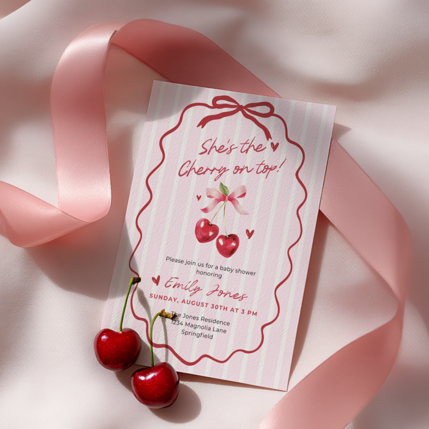 Baby Shower Invitation - She's The Cherry On Top Pink Coquette Bow BS177