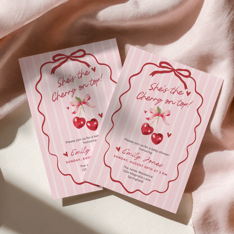 Baby Shower Invitation - She's The Cherry On Top Pink Coquette Bow BS177