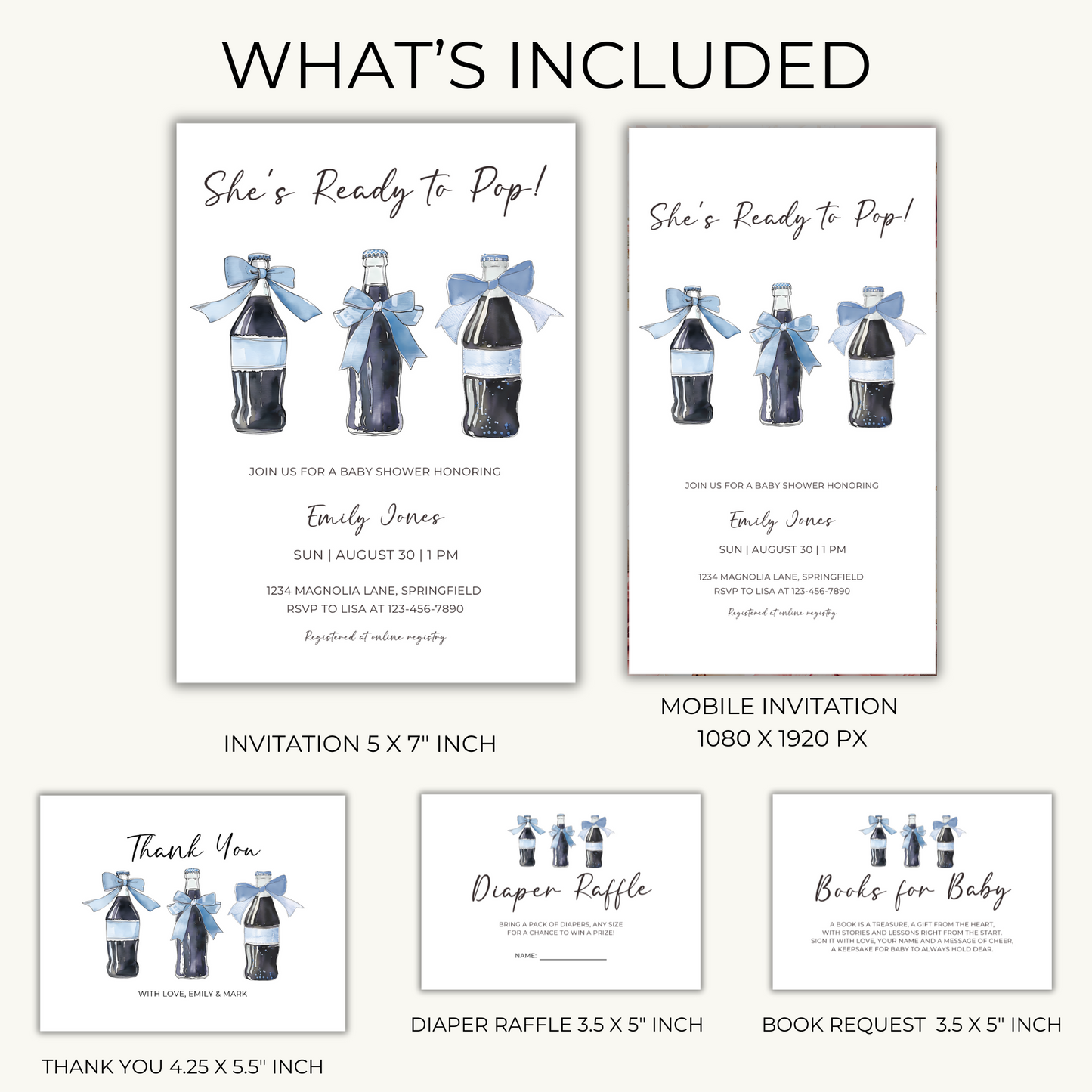 Baby Shower Invitation Bundle - Blue She's Ready To Pop Soda Theme BS153