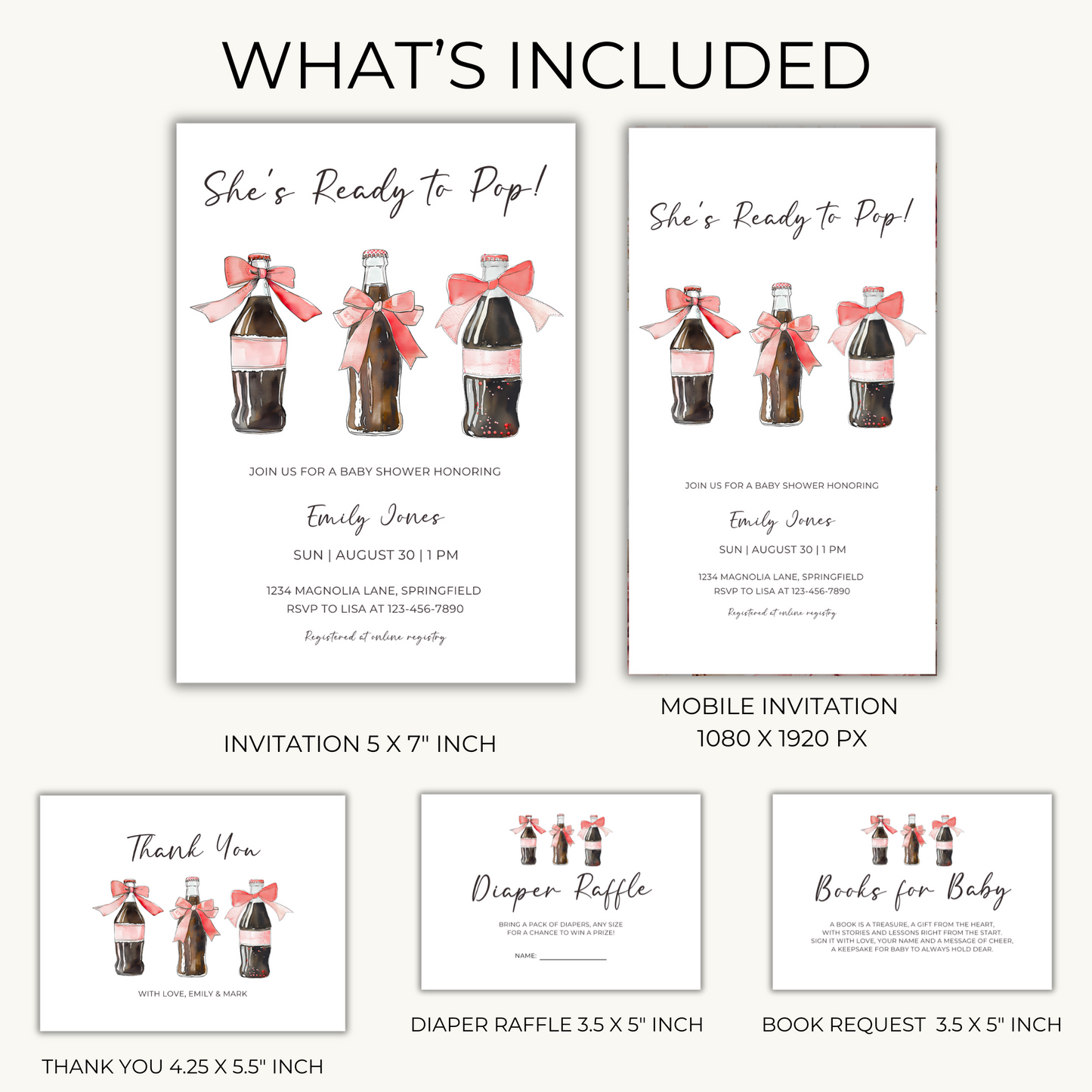 Baby Shower Invitation Bundle - She's Ready To Pop Soda Bottle with Red Bows BS153