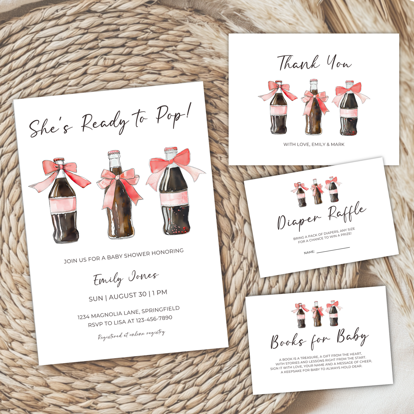 Baby Shower Invitation Bundle - She's Ready To Pop Soda Bottle with Red Bows BS153
