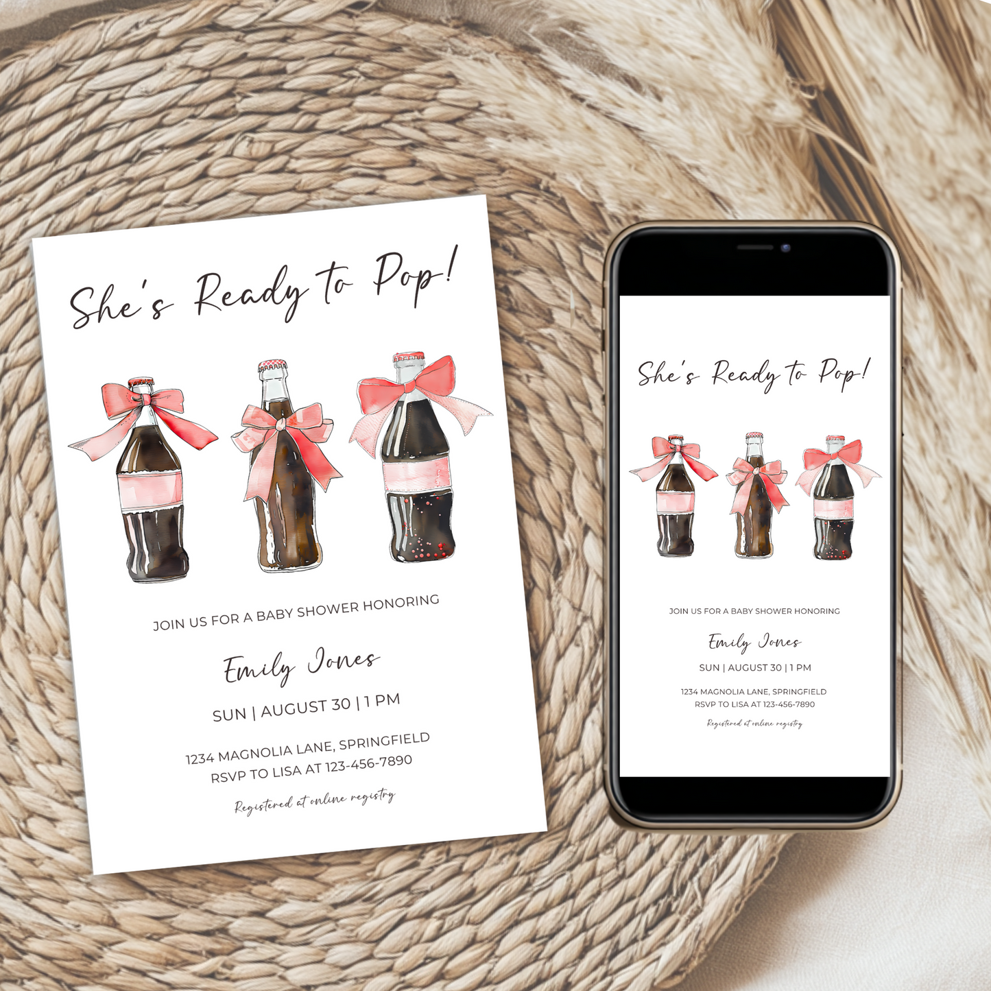 Baby Shower Invitation Bundle - She's Ready To Pop Soda Bottle with Red Bows BS153