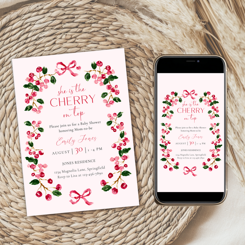 Baby Shower Invitation - She Is The Cherry On Top Vintage Floral BS167