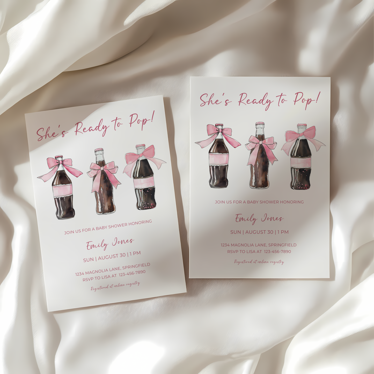 Baby Shower Invitation - She's Ready To Pop Pink Soda Coquette Bow BS153