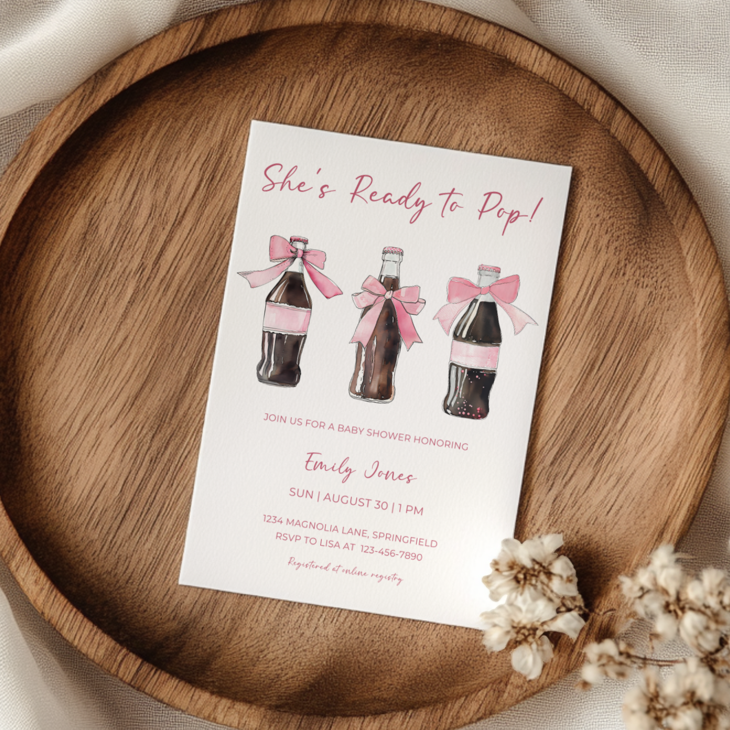 Baby Shower Invitation - She's Ready To Pop Pink Soda Coquette Bow BS153