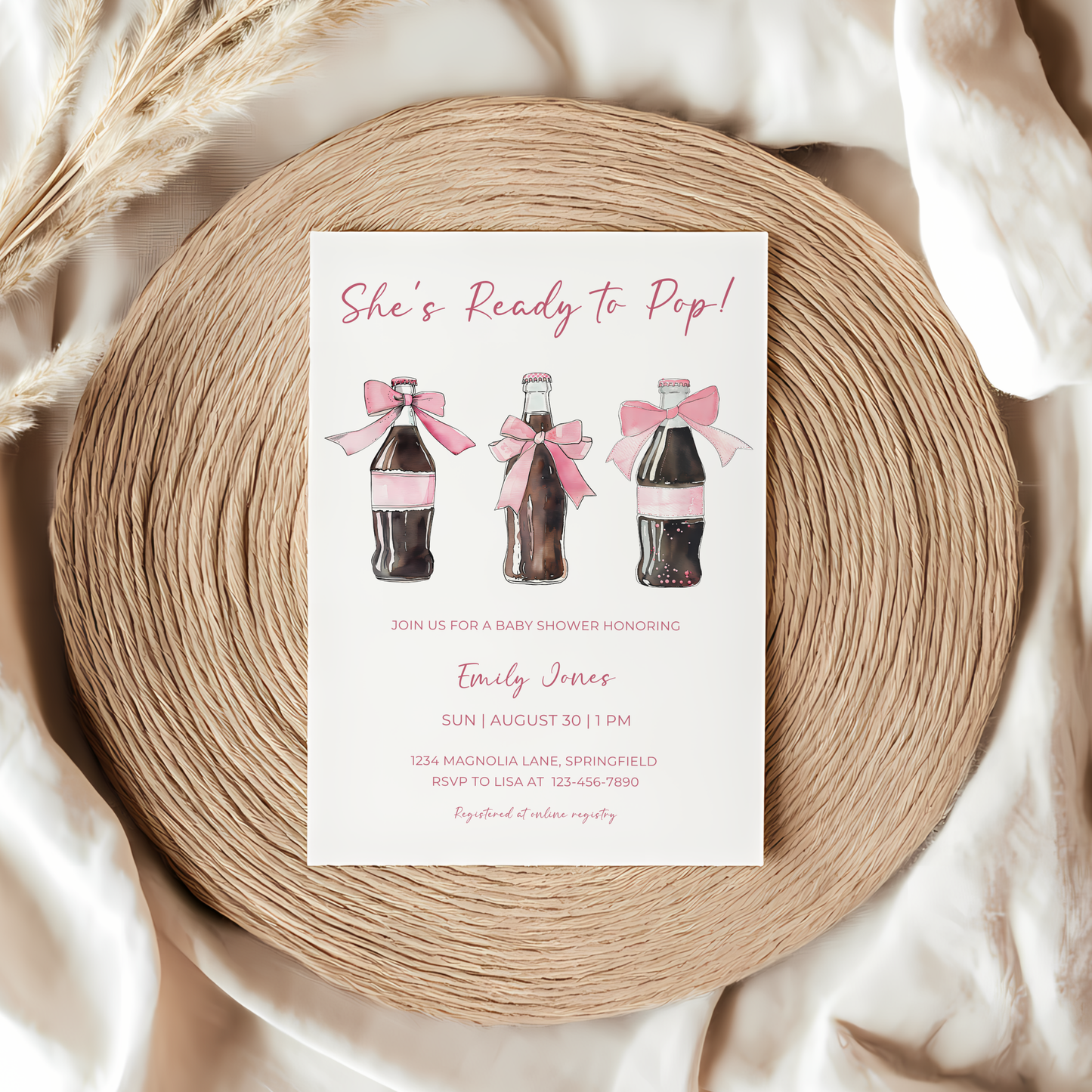 Baby Shower Invitation - She's Ready To Pop Pink Soda Coquette Bow BS153