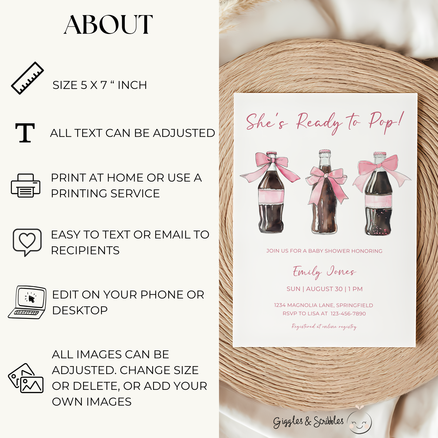 Baby Shower Invitation - She's Ready To Pop Pink Soda Coquette Bow BS153