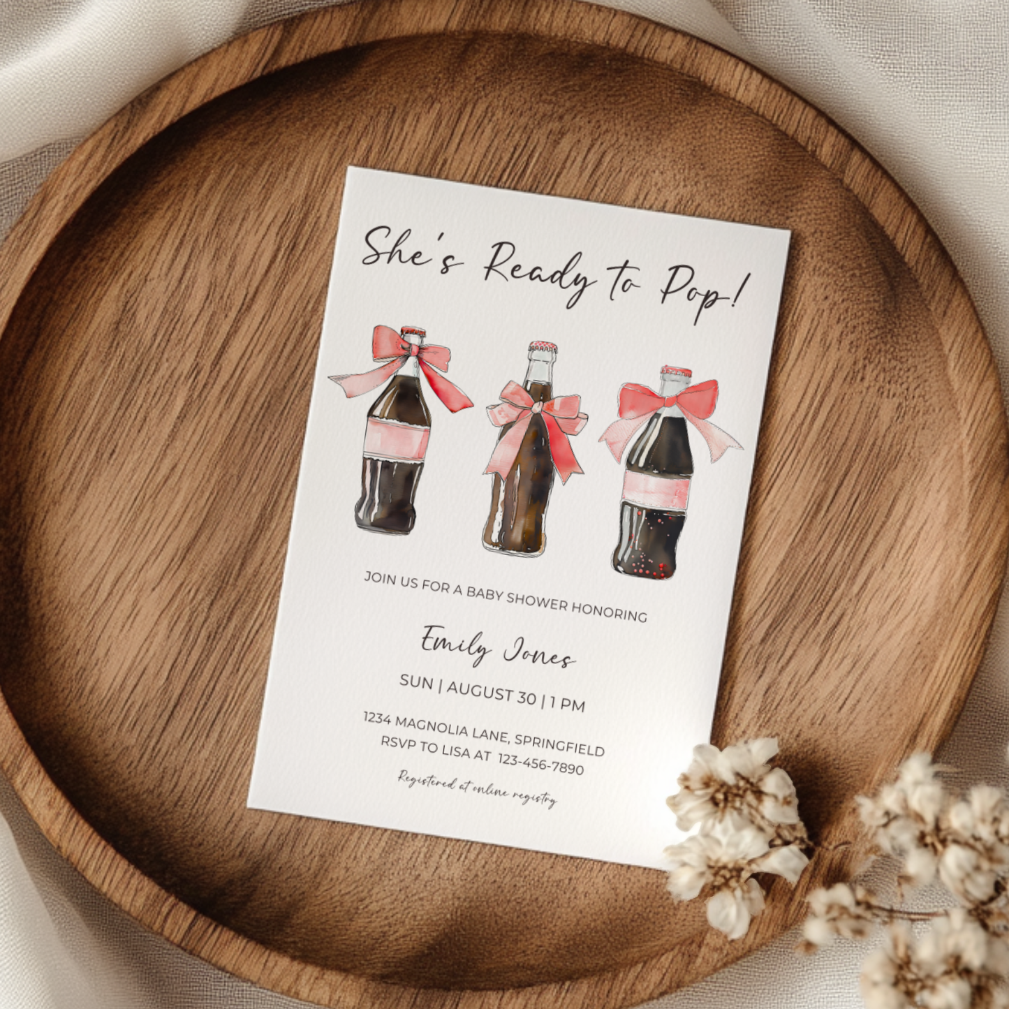 Baby Shower Invitation Bundle - She's Ready To Pop Soda Bottle with Red Bows BS153