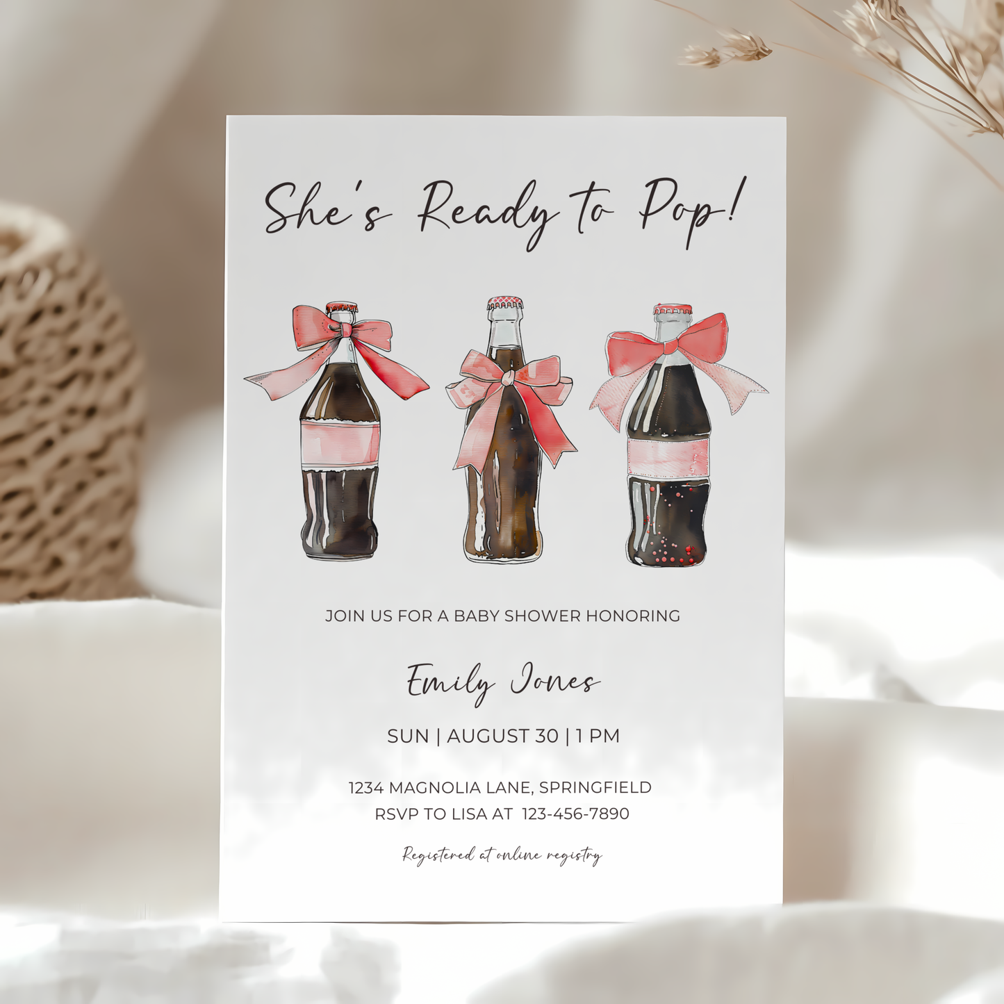 Baby Shower Invitation Bundle - She's Ready To Pop Soda Bottle with Red Bows BS153