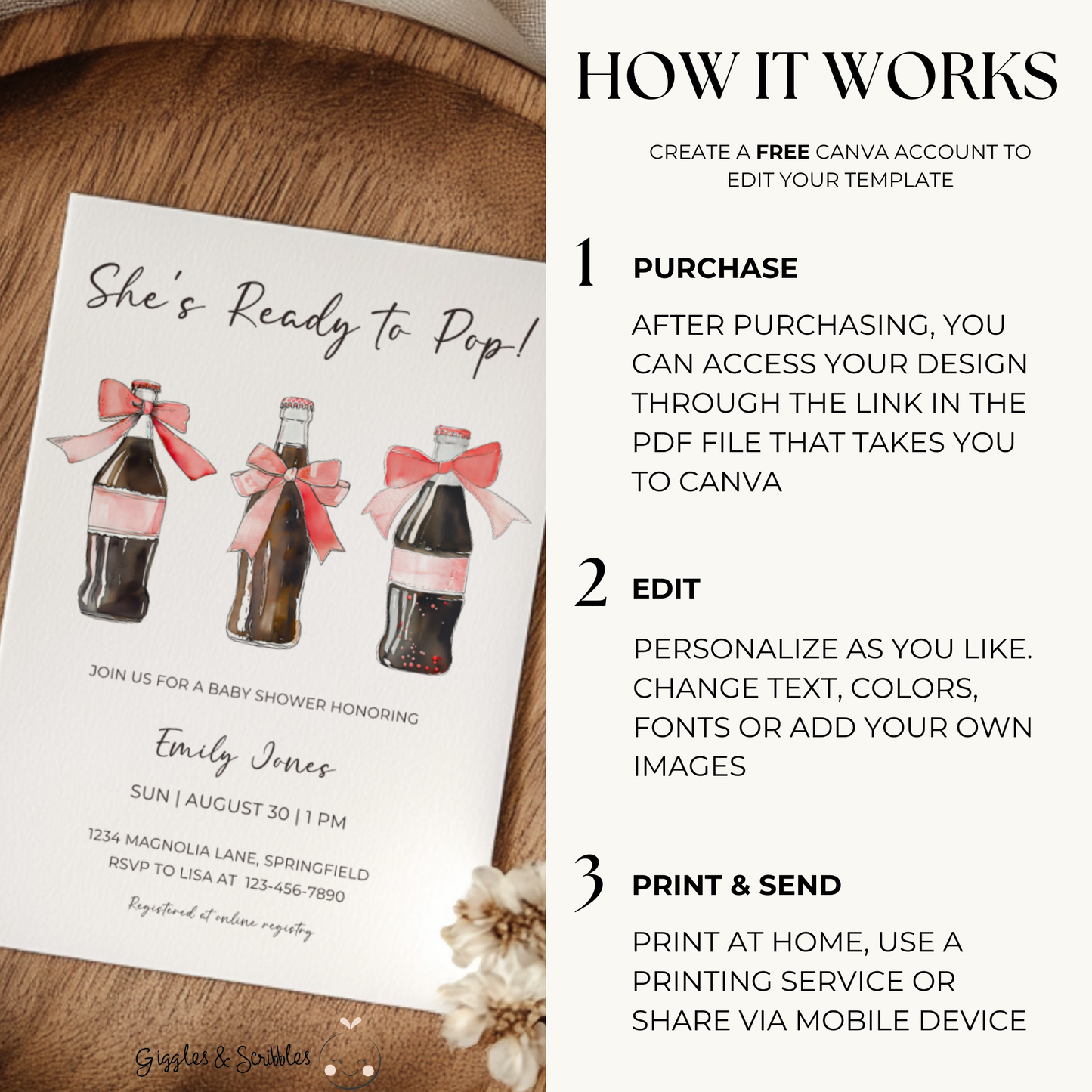 Baby Shower Invitation Bundle - She's Ready To Pop Soda Bottle with Red Bows BS153