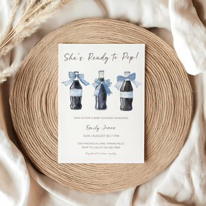 Baby Shower Invitation - Blue She's Ready To Pop Red Retro Soda with Bows BS153