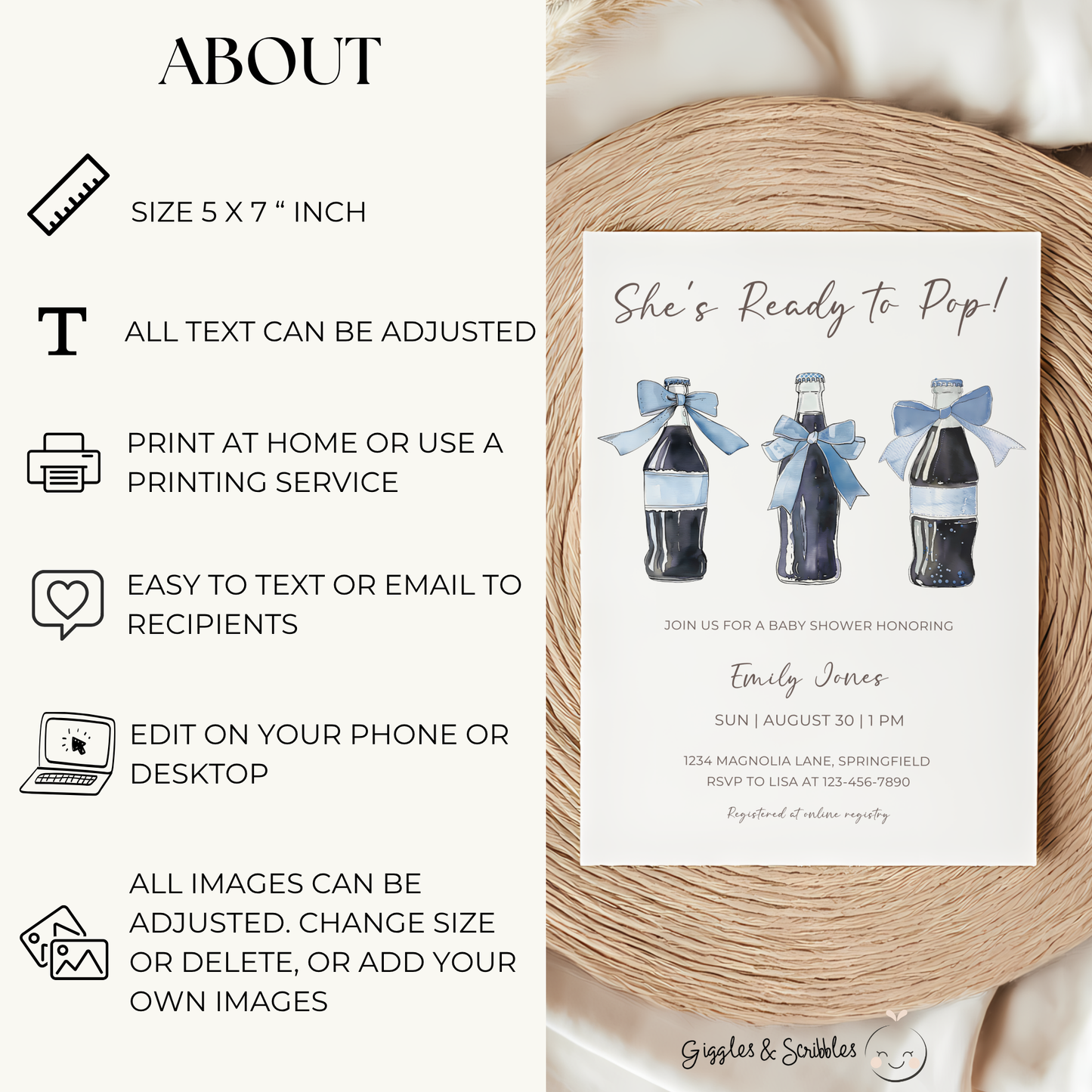 Baby Shower Invitation - Blue She's Ready To Pop Red Retro Soda with Bows BS153