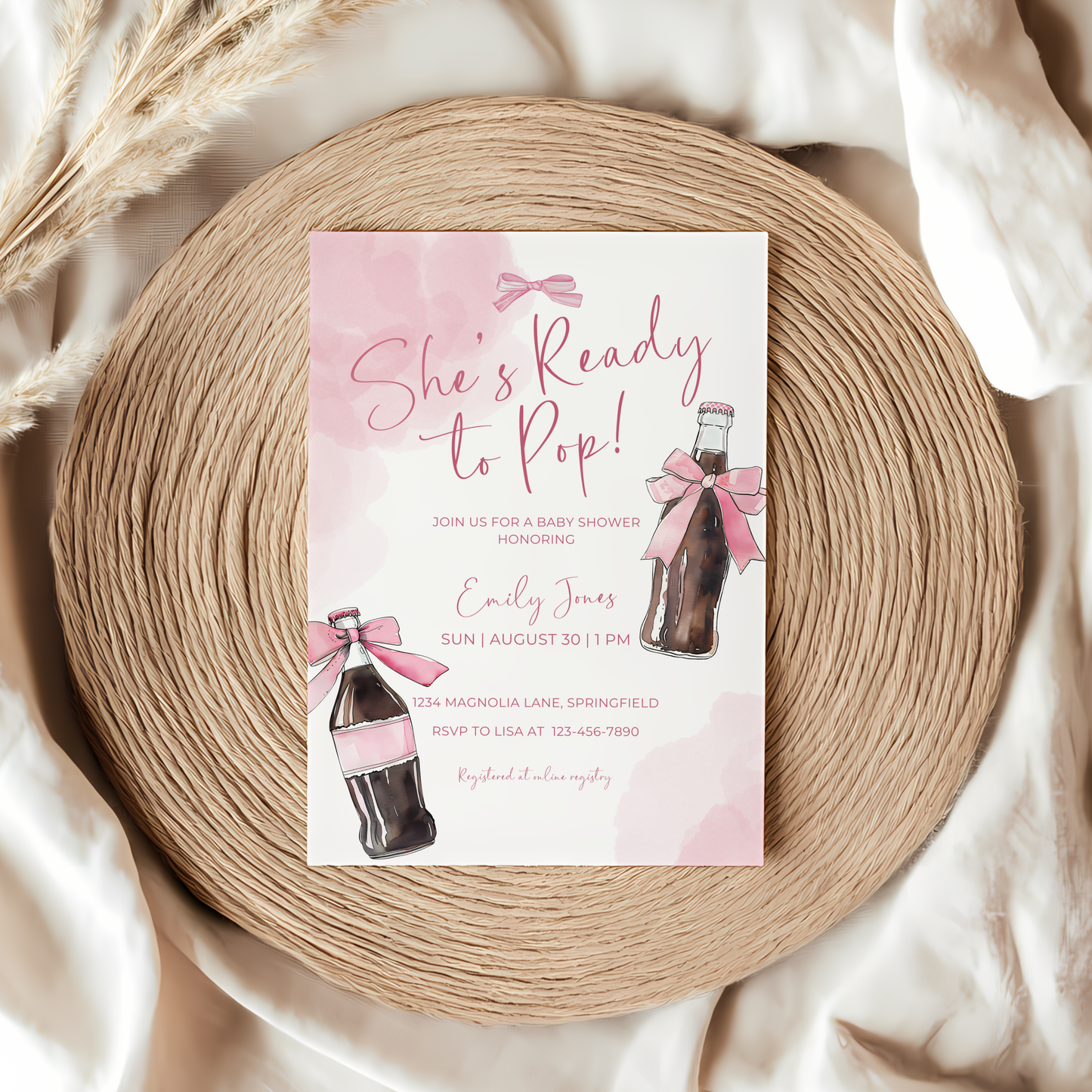 Baby Shower Invitation - Ready To Pop Soda Pink Coquette Bow BS154