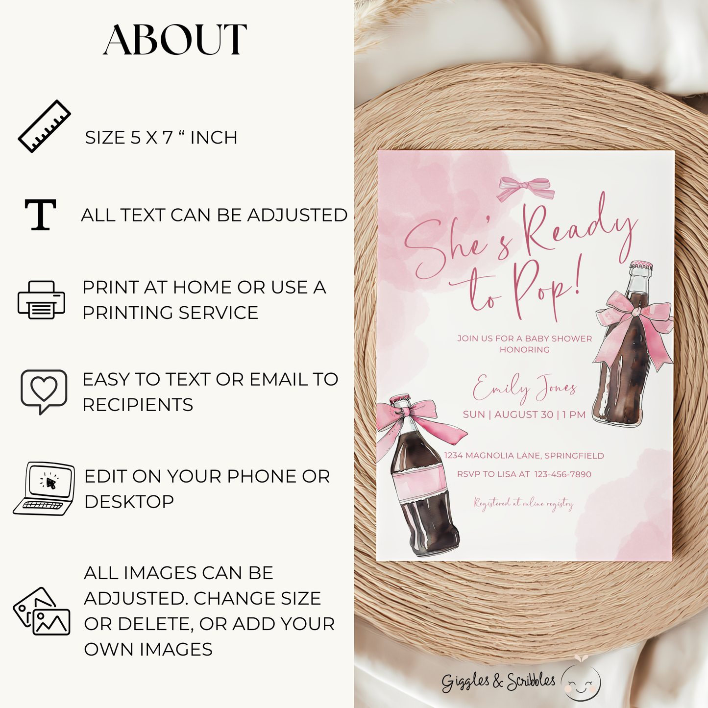 Baby Shower Invitation - Ready To Pop Soda Pink Coquette Bow BS154