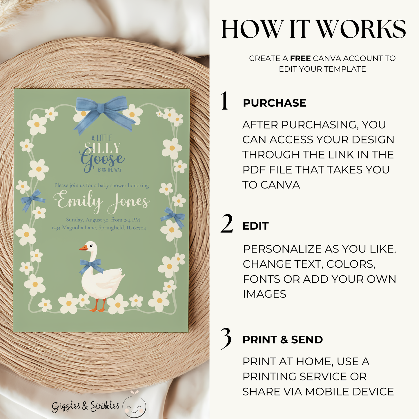 Baby Shower Invitation - Silly Goose Green with Daisy Flowers and Blue Bow