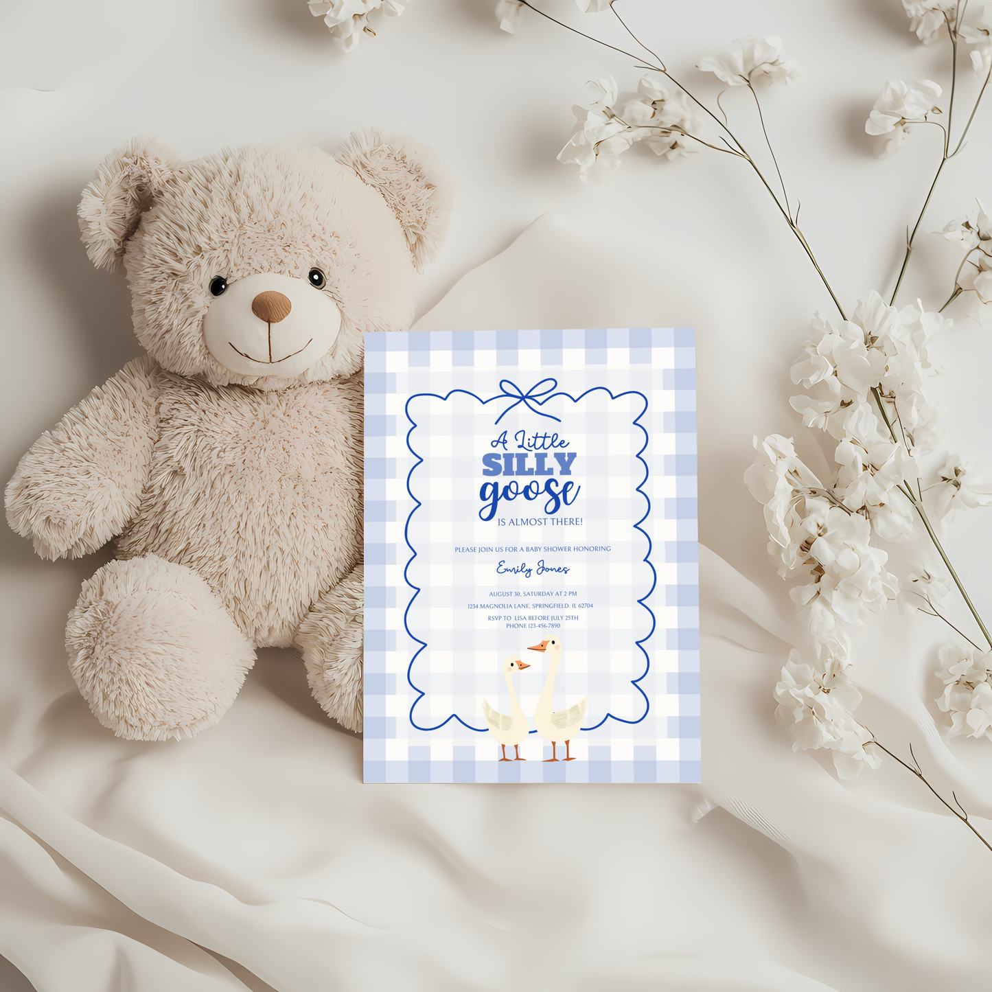 Baby Shower Invitation Bundle - Blue Silly Goose Gingham BS23