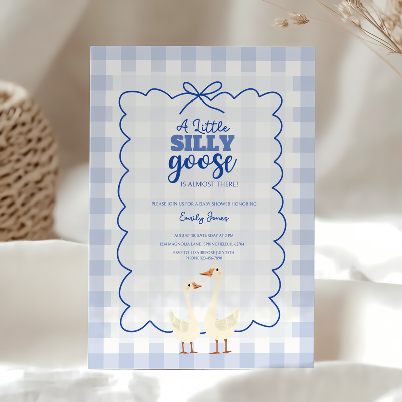 Baby Shower Invitation Bundle - Blue Silly Goose Gingham BS23