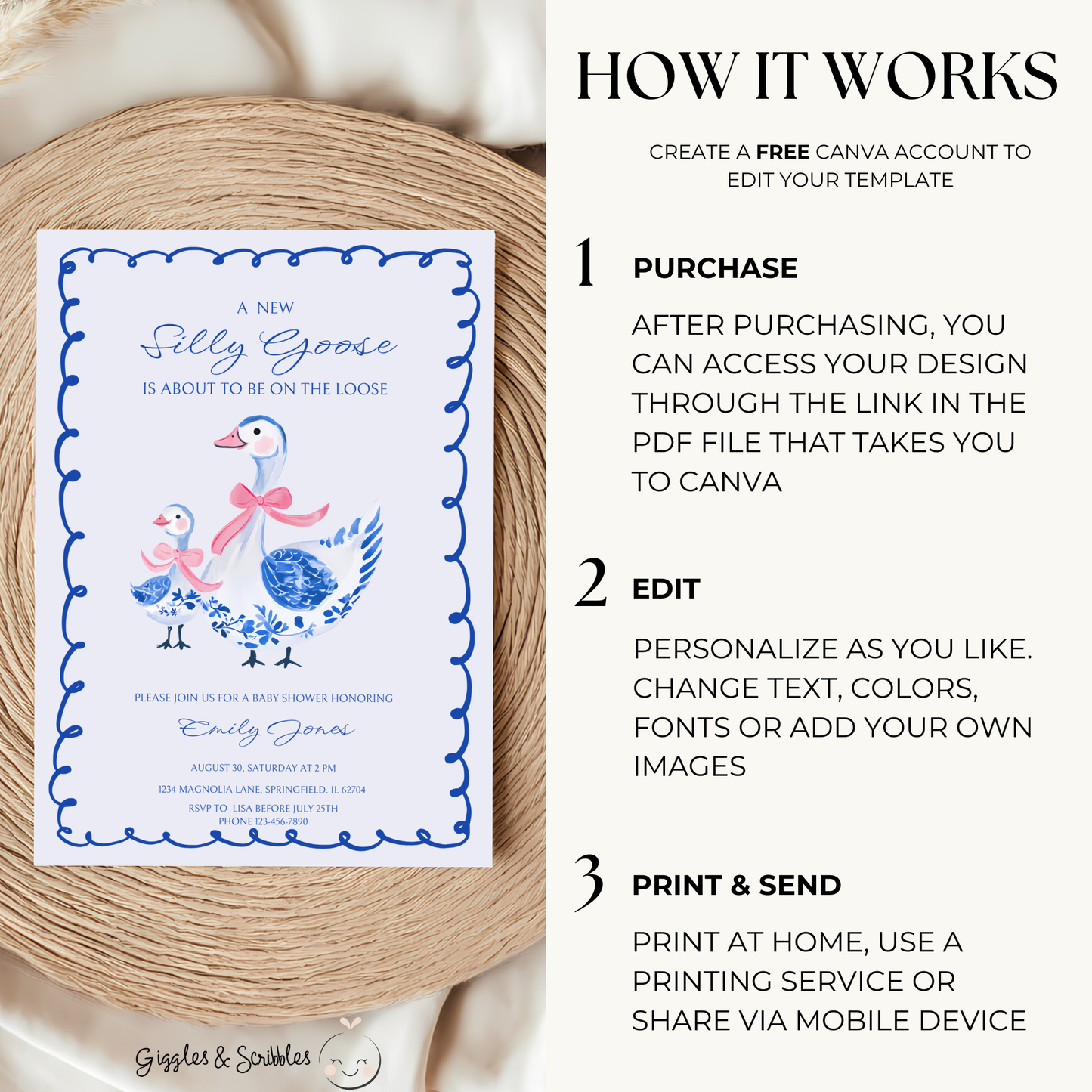 Baby Shower Invitation - Blue Chinoiserie Silly Goose BS28