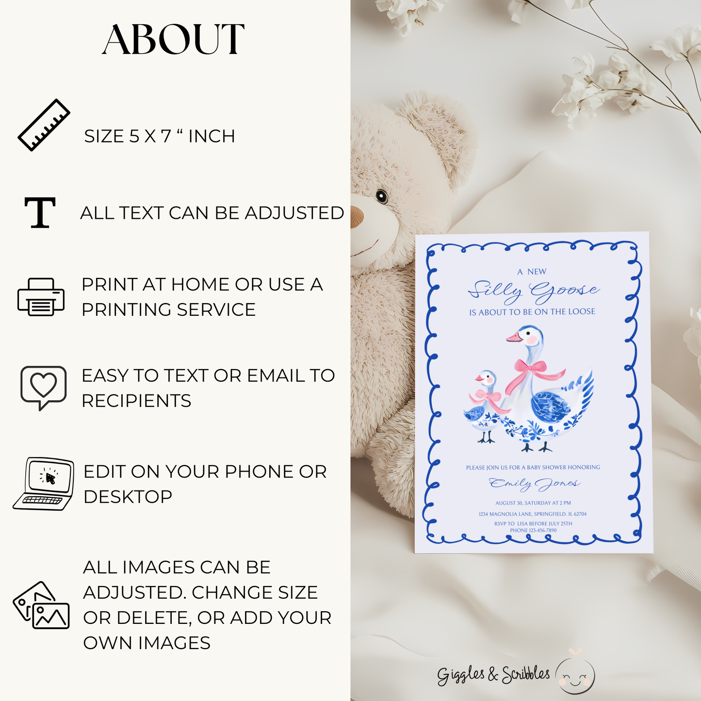 Baby Shower Invitation - Blue Chinoiserie Silly Goose BS28