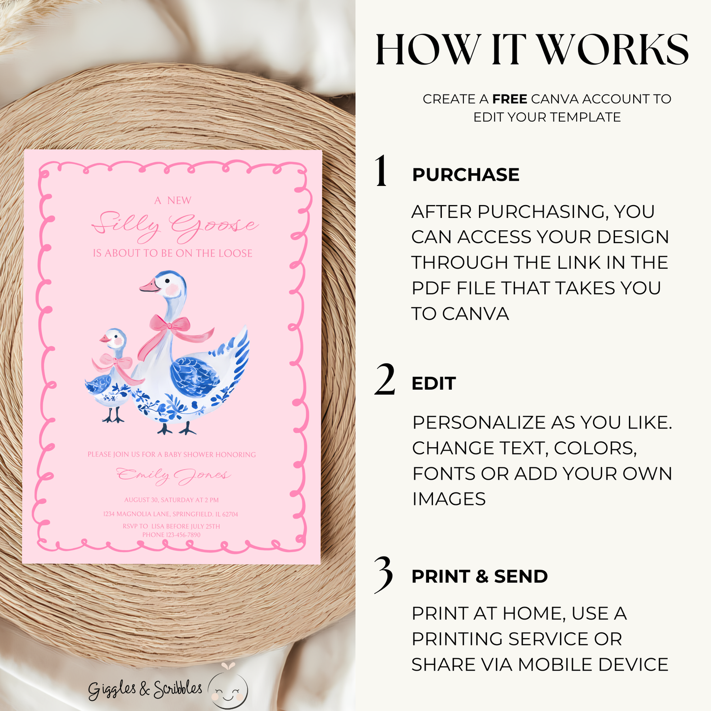 Baby Shower Invitation - Pink Chinoiserie Silly Goose BS29