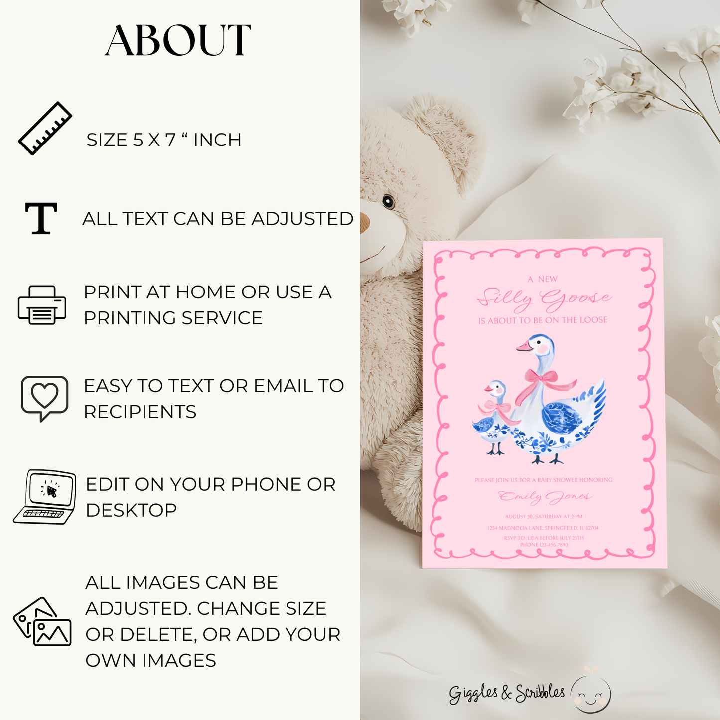 Baby Shower Invitation - Pink Chinoiserie Silly Goose BS29