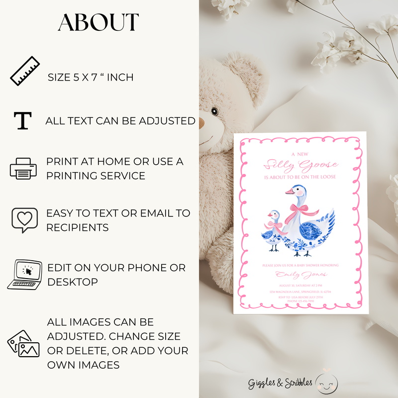 Baby Shower Invitation - Pink Chinoiserie Silly Goose BS31