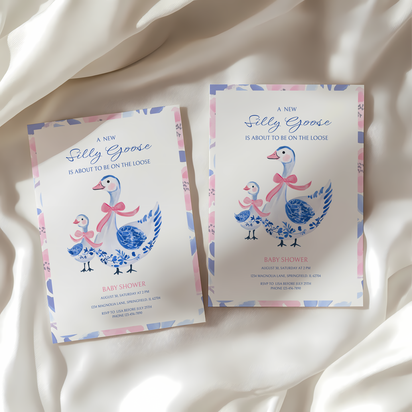 Baby Shower Invitation - Blue Pink Chinoiserie Floral Silly Goose BS26