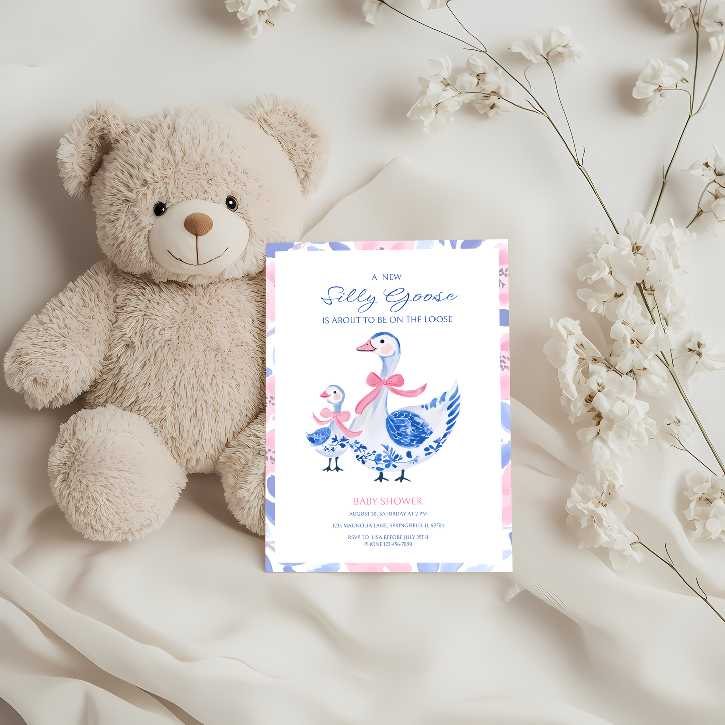 Baby Shower Invitation - Blue Pink Chinoiserie Floral Silly Goose BS26
