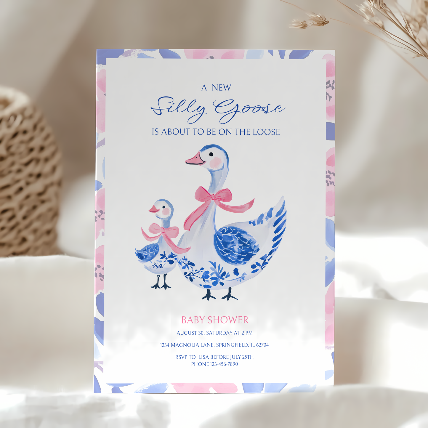 Baby Shower Invitation - Blue Pink Chinoiserie Floral Silly Goose BS26