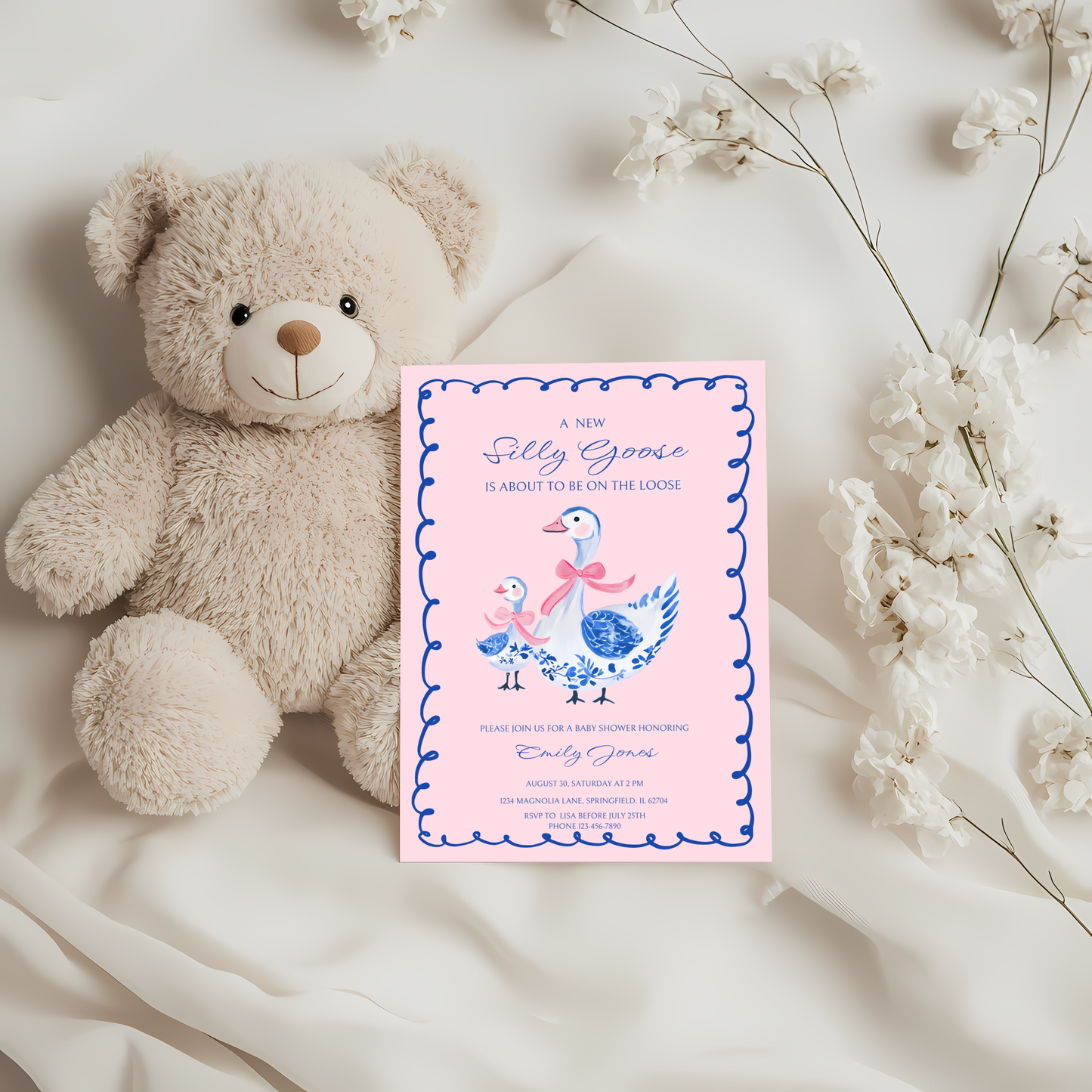 Baby Shower Invitation - Blue Pink Chinoiserie Silly Goose BS27