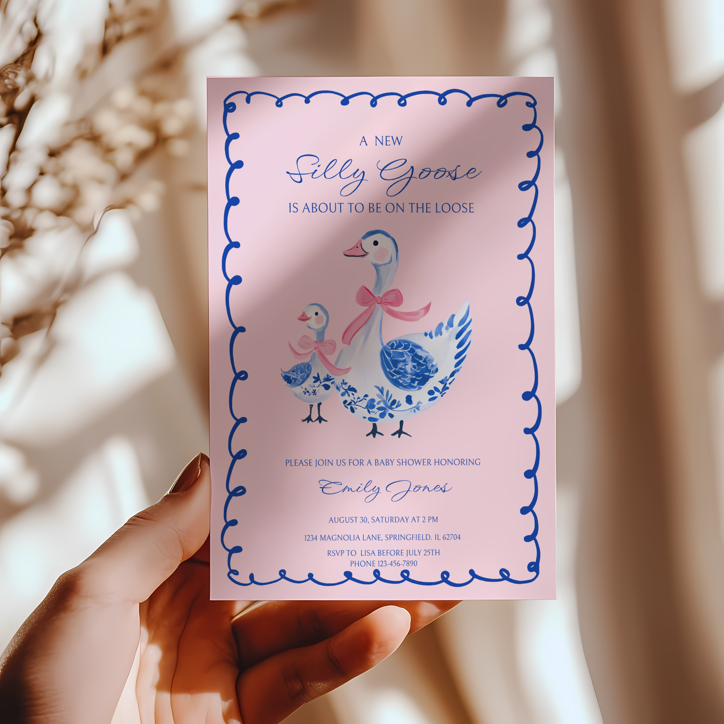 Baby Shower Invitation - Blue Pink Chinoiserie Silly Goose BS27