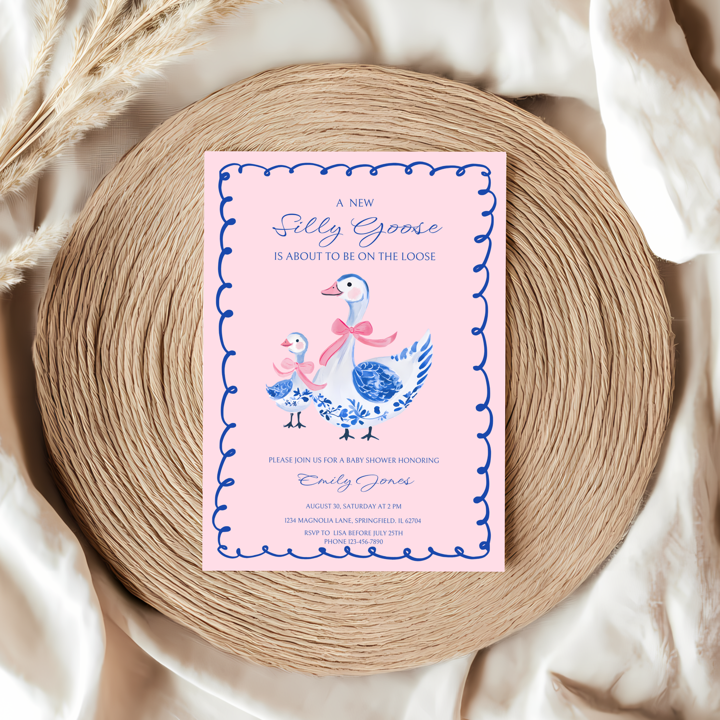 Baby Shower Invitation - Blue Pink Chinoiserie Silly Goose BS27