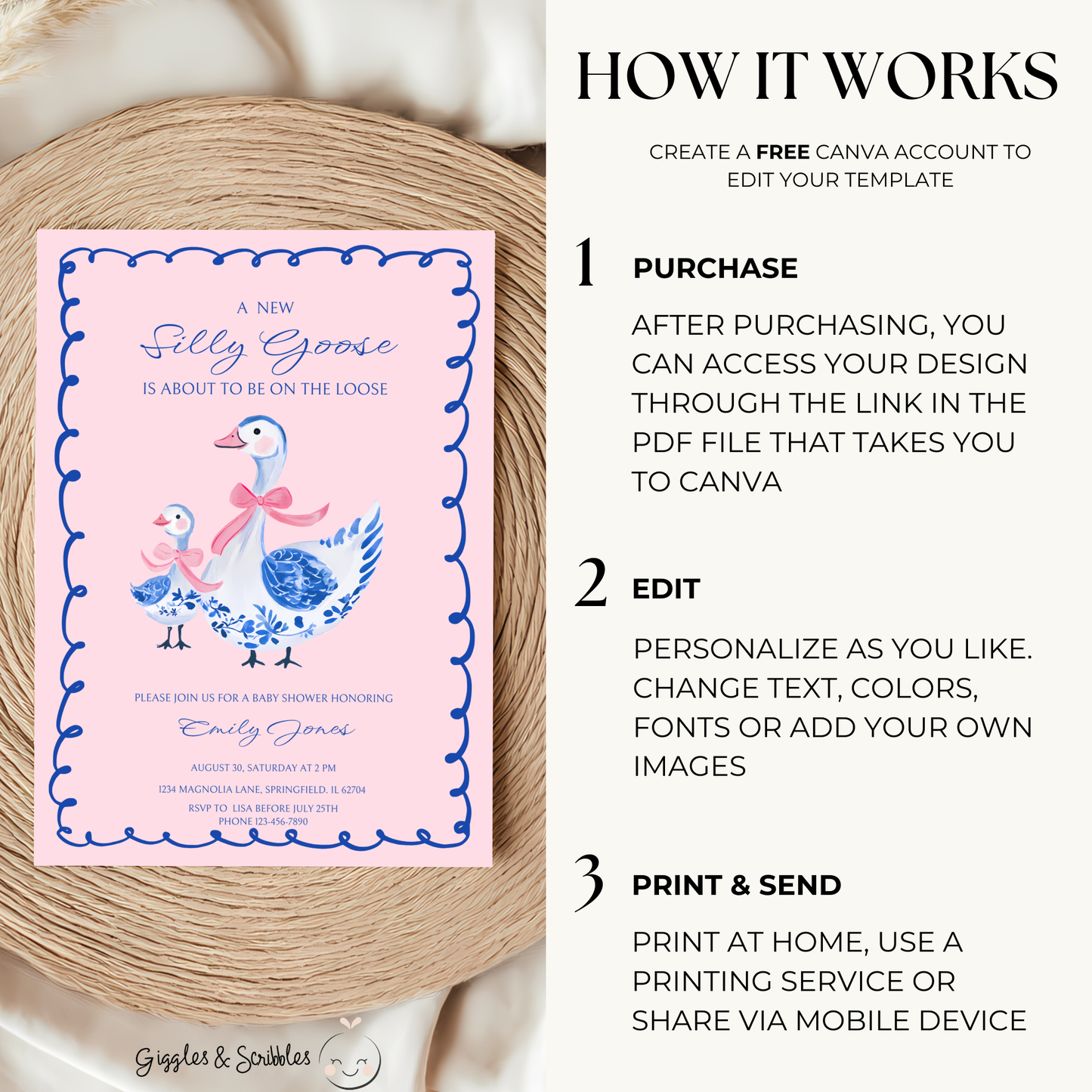 Baby Shower Invitation - Blue Pink Chinoiserie Silly Goose BS27