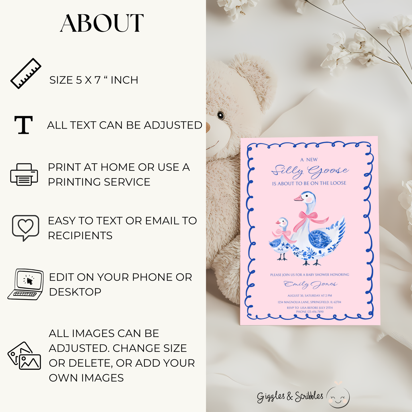 Baby Shower Invitation - Blue Pink Chinoiserie Silly Goose BS27