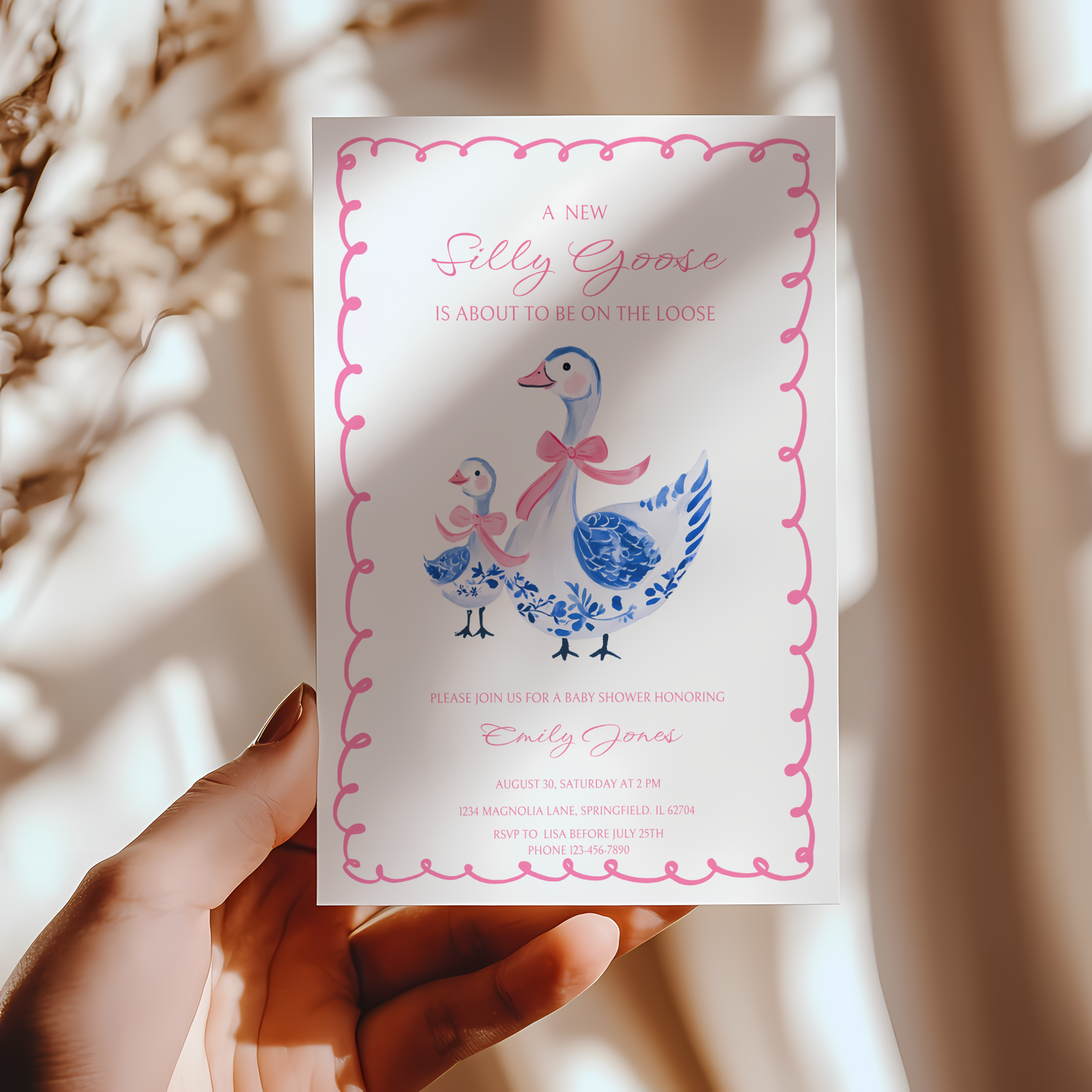 Baby Shower Invitation - Pink Chinoiserie Silly Goose BS31