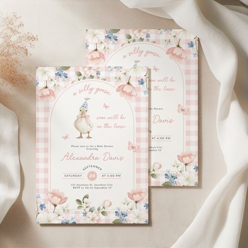 Pink Gingham Silly Goose Baby Shower Invitation L96