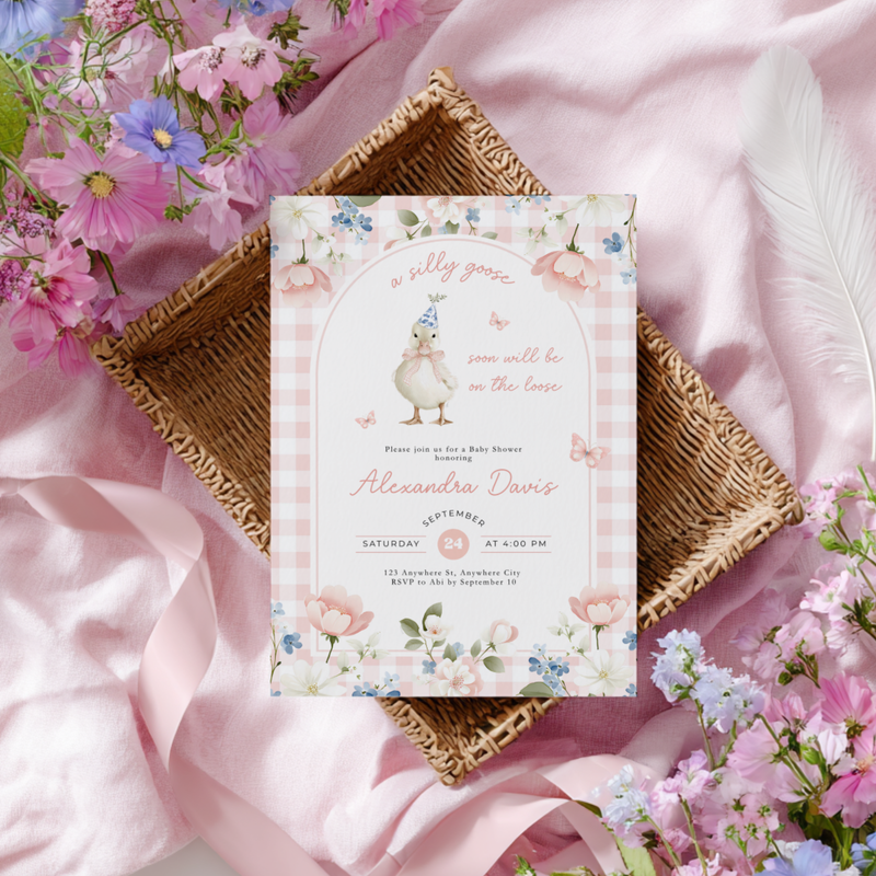 Pink Gingham Silly Goose Baby Shower Invitation L96