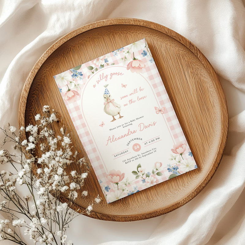 Pink Gingham Silly Goose Baby Shower Invitation L96