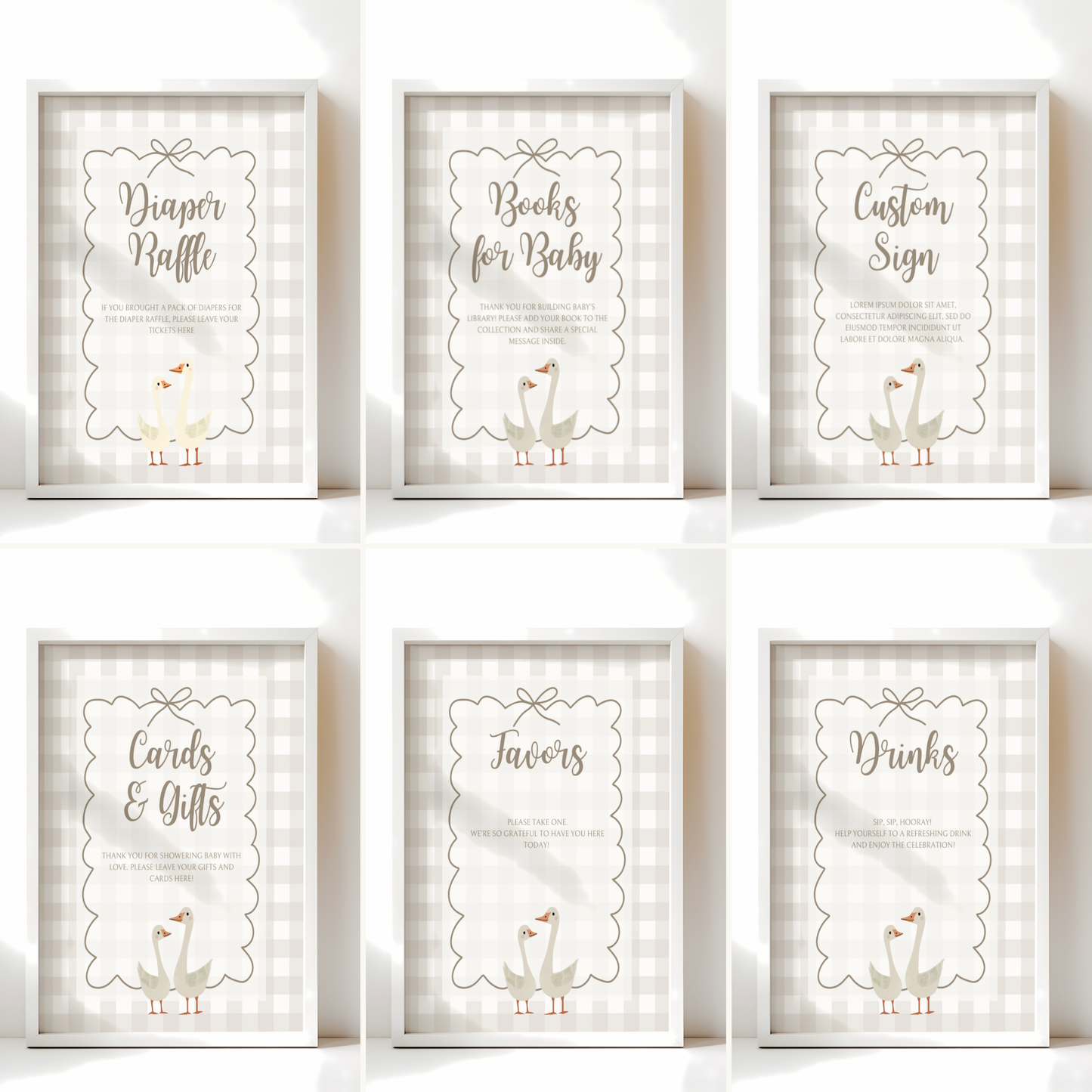 Baby Shower Table Sign Bundle - Beige Silly Goose Gingham Neutral BS25