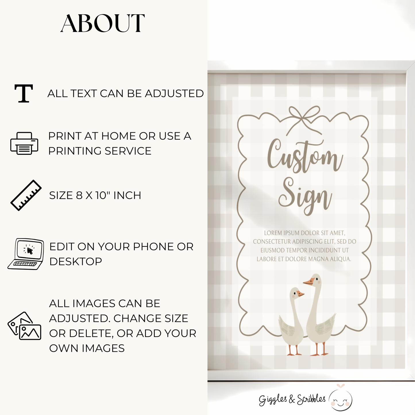 Baby Shower Table Sign Bundle - Beige Silly Goose Gingham Neutral BS25