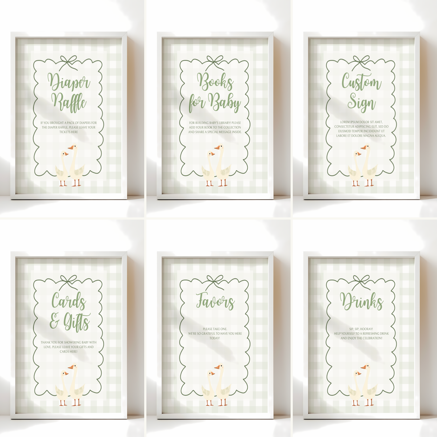 Baby Shower Table Sign Bundle - Green Silly Goose Gingham BS24