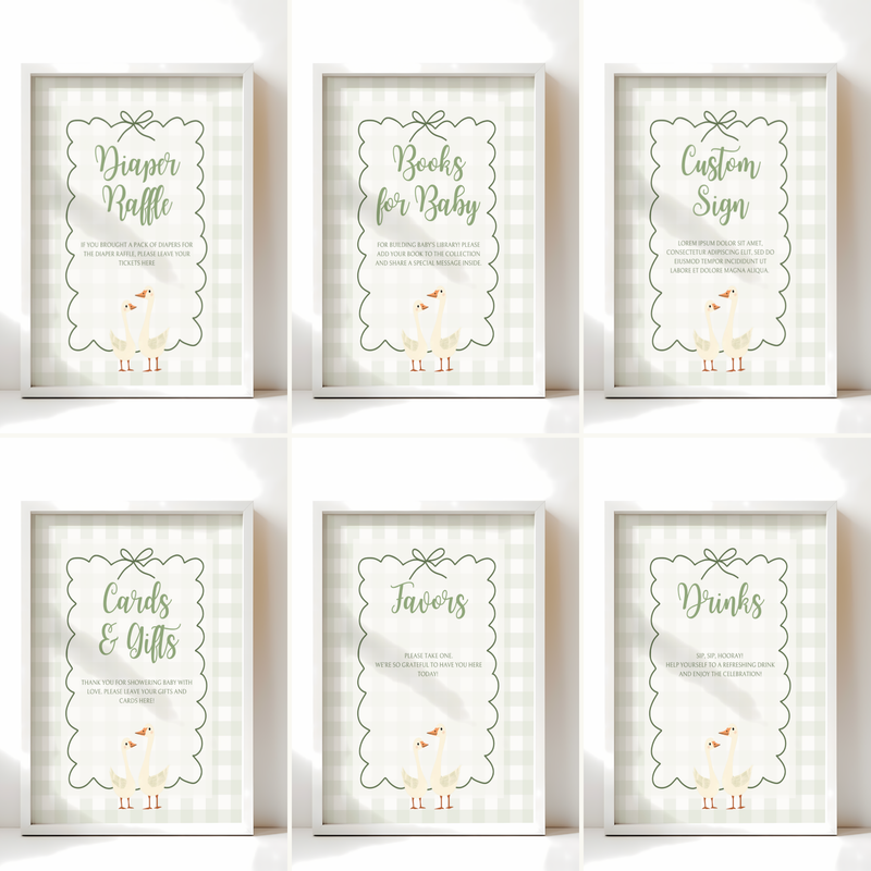 Baby Shower Table Sign Bundle - Green Silly Goose Gingham BS24