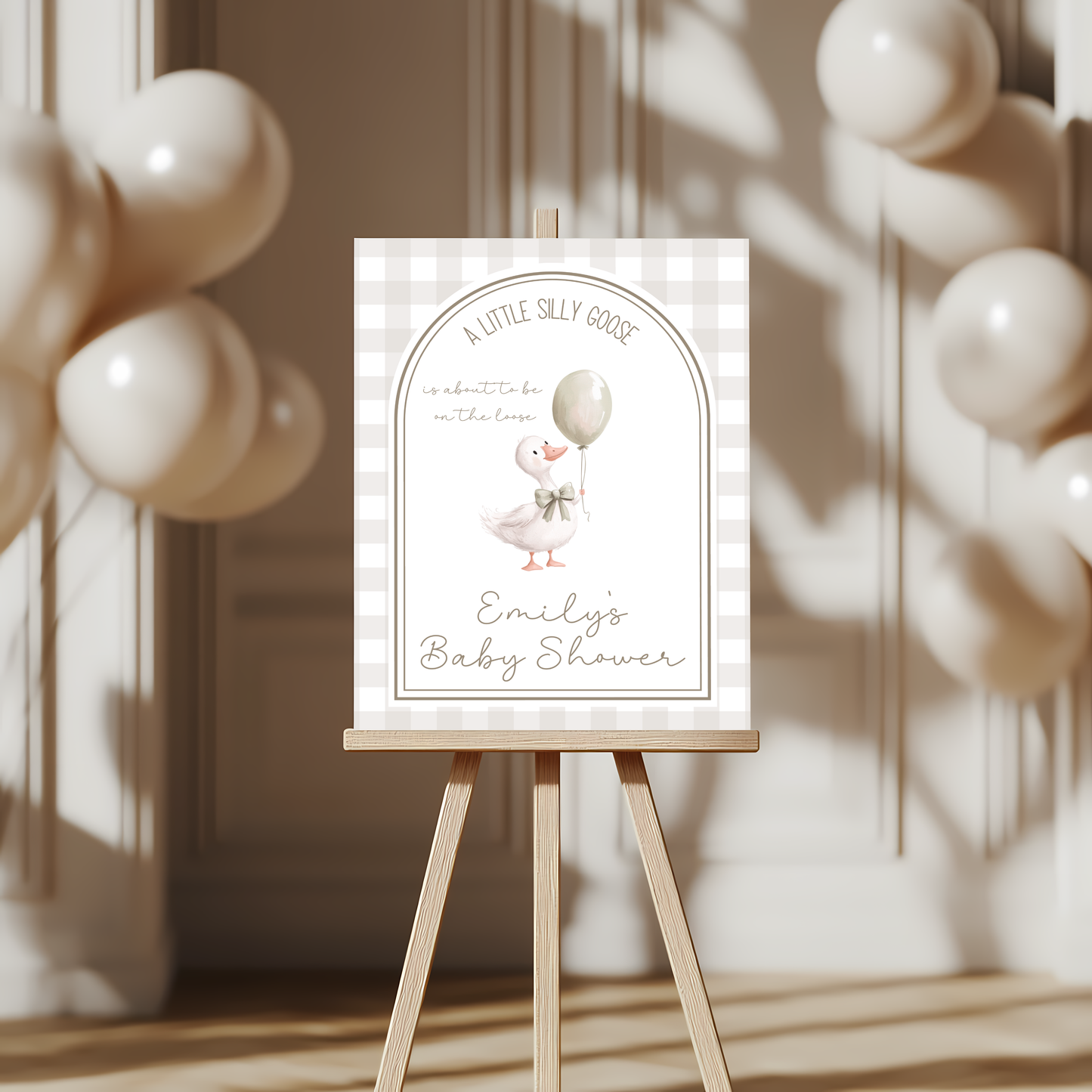 Baby Shower Welcome Sign - Little Silly Goose Beige Gingham BS90