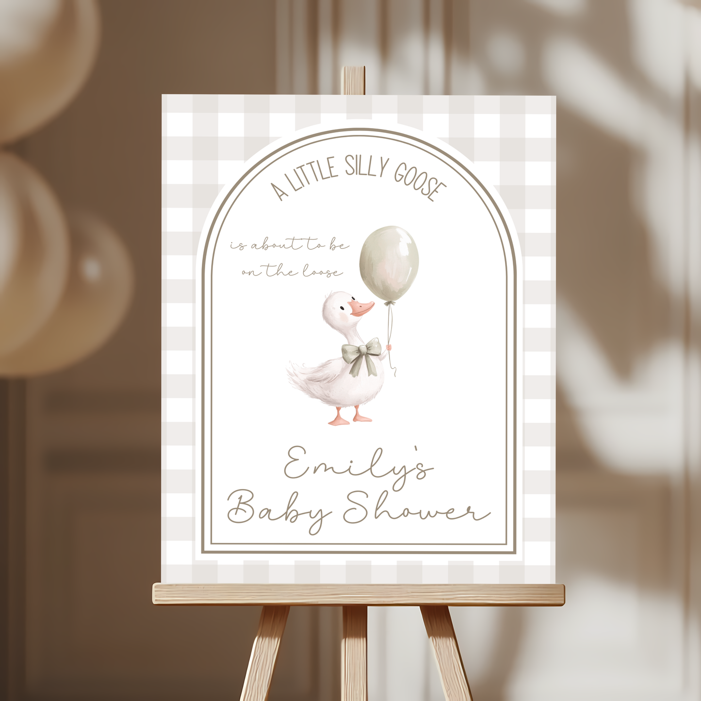 Baby Shower Welcome Sign - Little Silly Goose Beige Gingham BS90