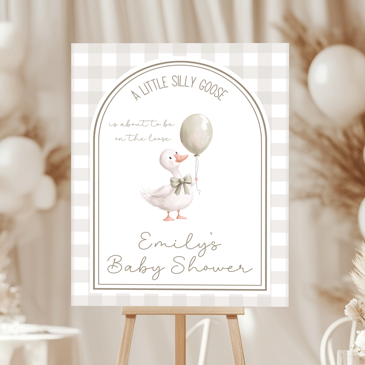 Baby Shower Welcome Sign - Little Silly Goose Beige Gingham BS90
