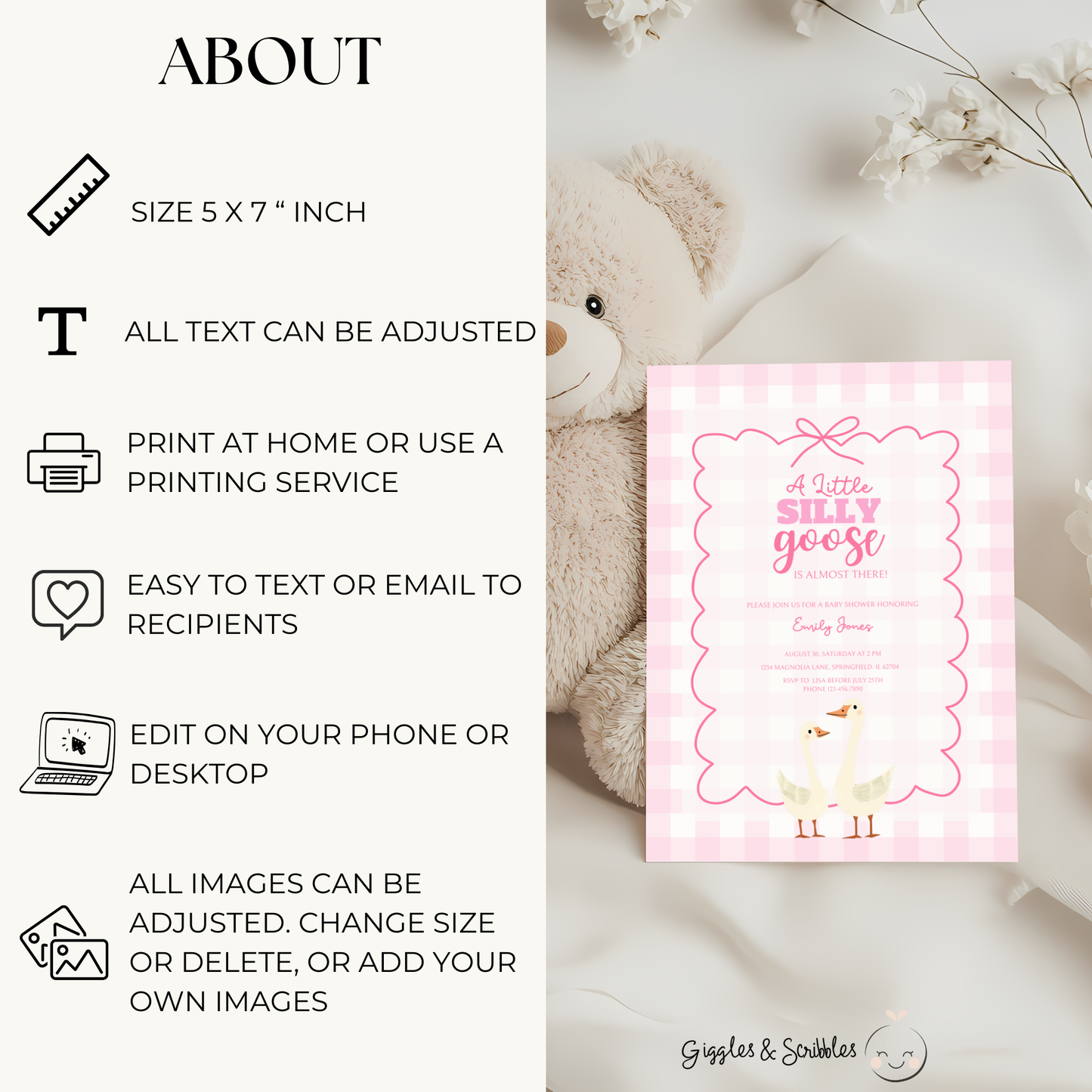 Baby Shower Invitation - Pink Silly Goose Gingham BS22