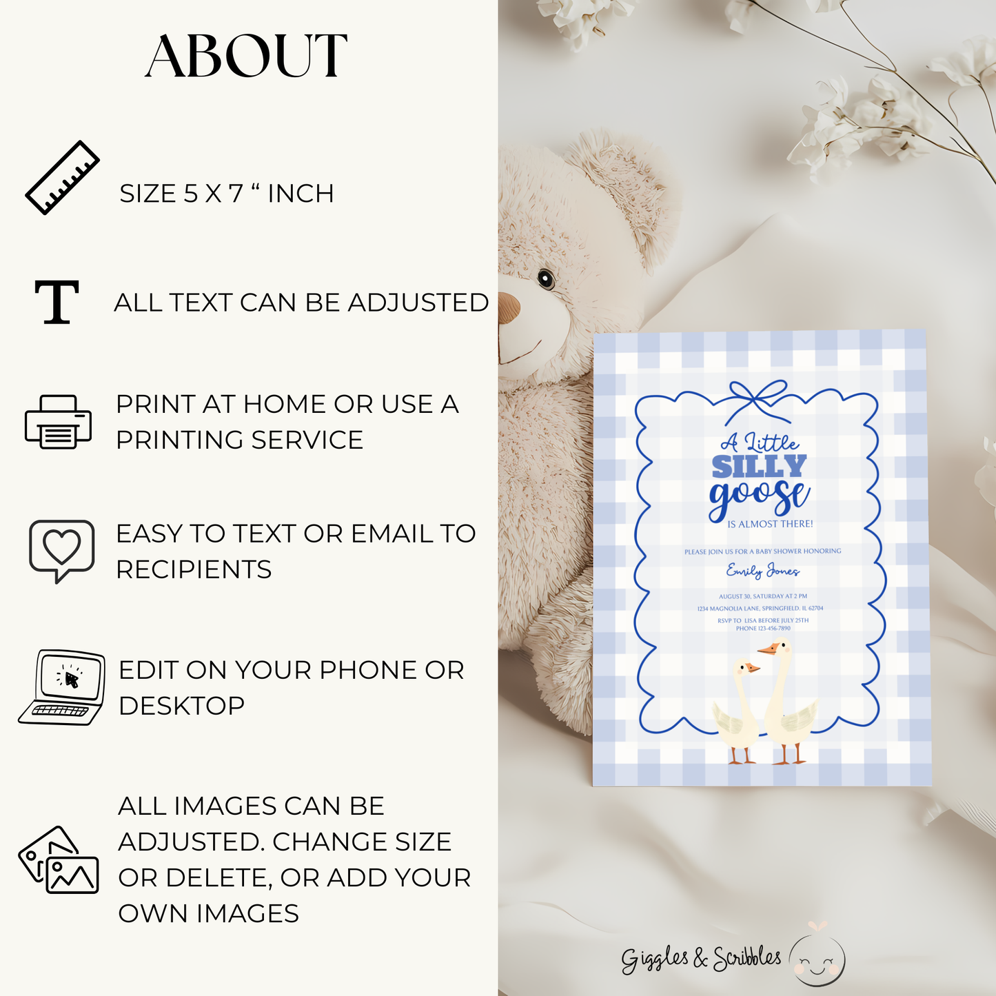 Baby Shower Invitation - Blue Silly Goose Gingham BS23